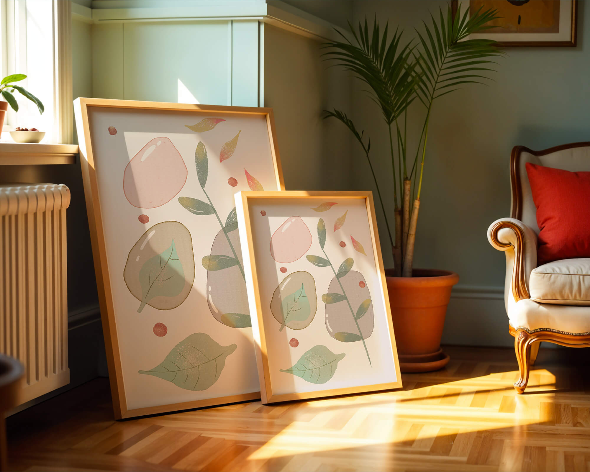 Abstract botanical illustration with pastel colored leaves and shapes