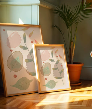 Abstract botanical illustration with pastel colored leaves and shapes