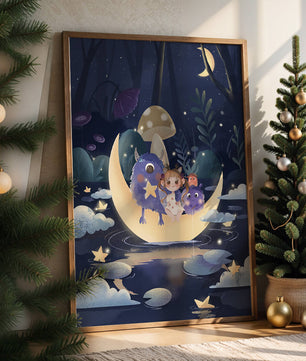 Escena nocturna onírica con un niño y monstruos amigables sobre una luna creciente