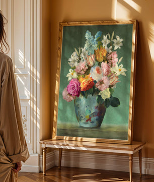 Floral arrangement in a decorative vase on a green background
