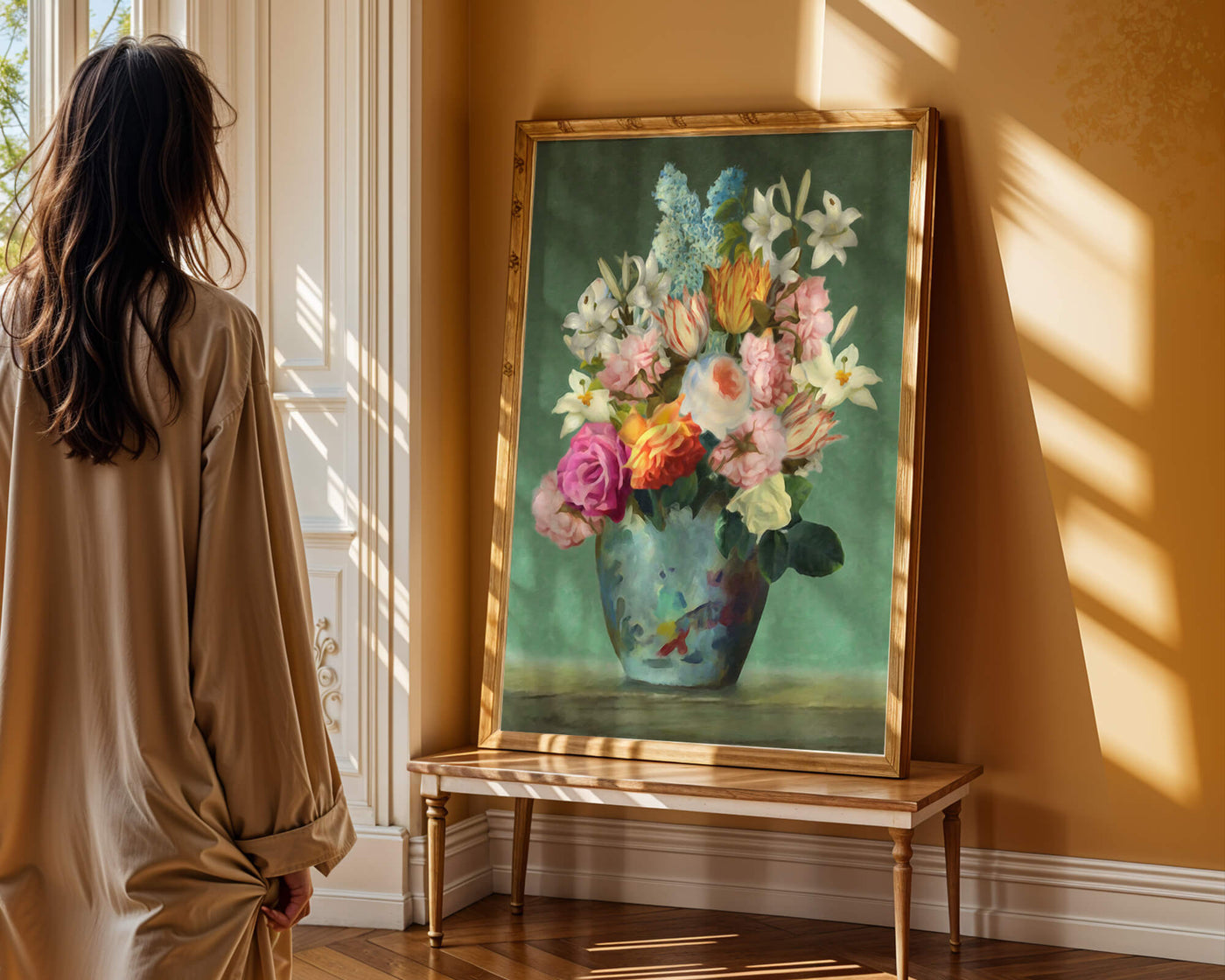 Floral arrangement in a decorative vase on a green background