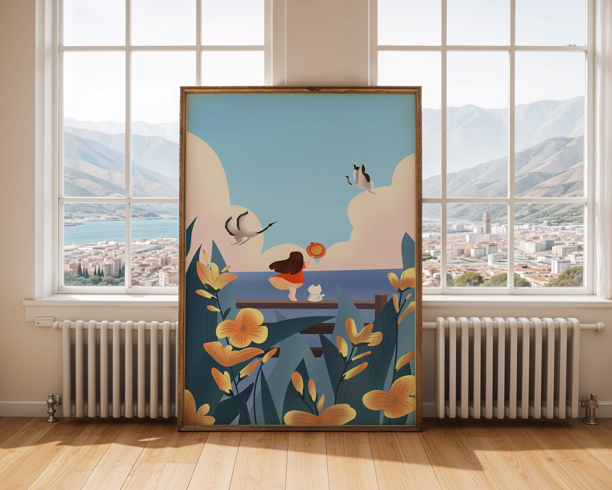 Serene seaside scene with girl, cat, and birds in nature