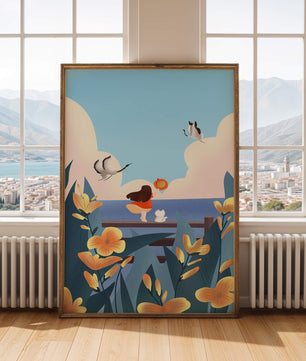 Scène sereine en bord de mer avec une fille, un chat et des oiseaux dans la nature