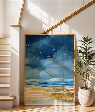 Meereslandschaft mit Vögeln in einer leuchtenden Blau- und Goldpalette