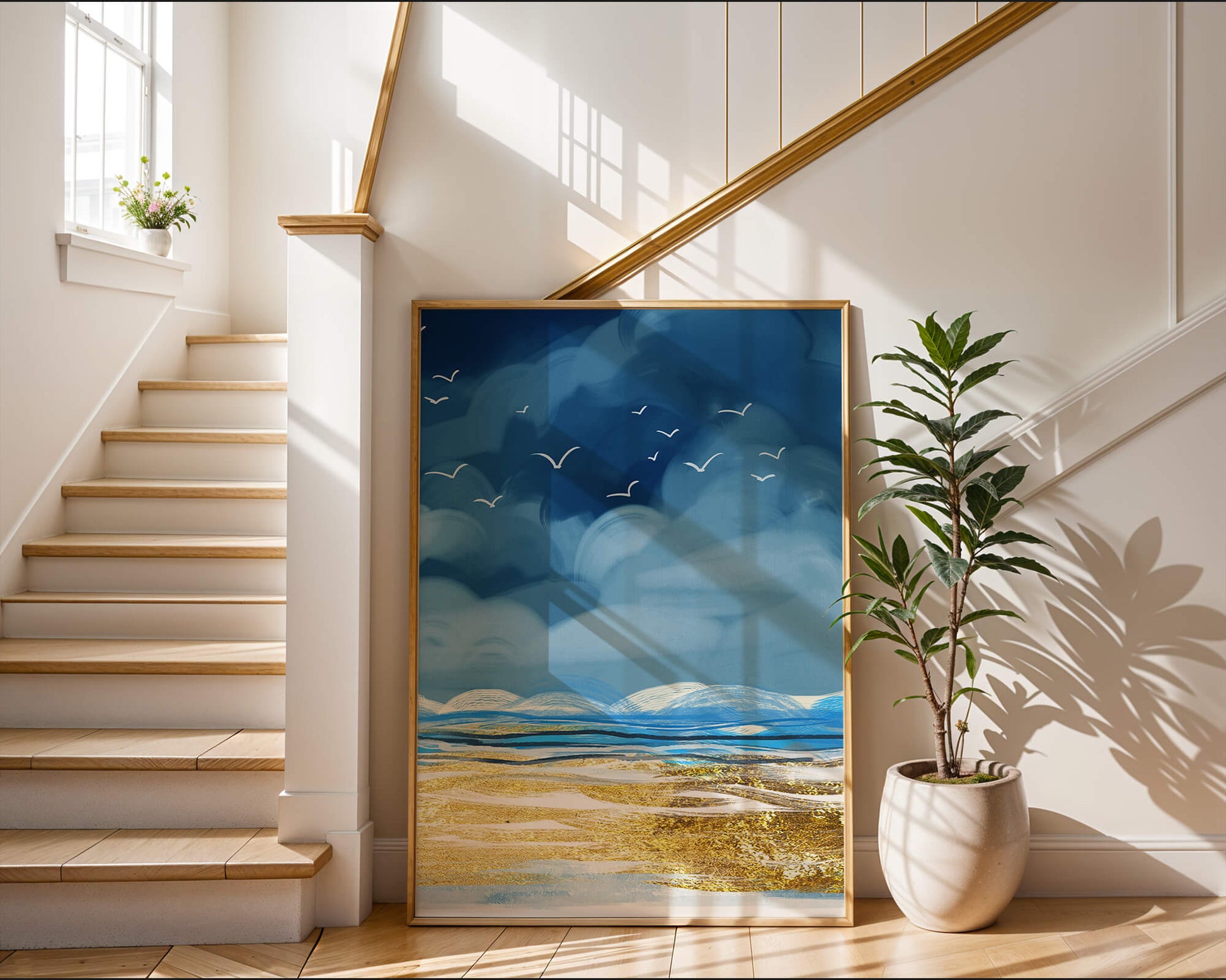 Seascape with Birds in a Vibrant Blue and Gold Palette