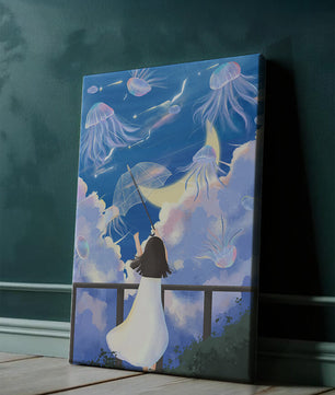 Young girl with umbrella watching surreal jellyfish sky