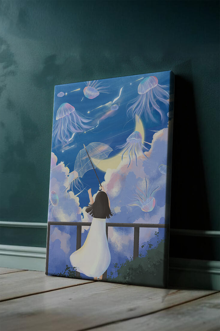 Young girl with umbrella watching surreal jellyfish sky