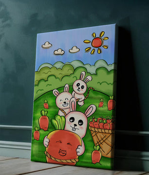 Illustration de lapins espiègles avec des carottes dans un champ ensoleillé
