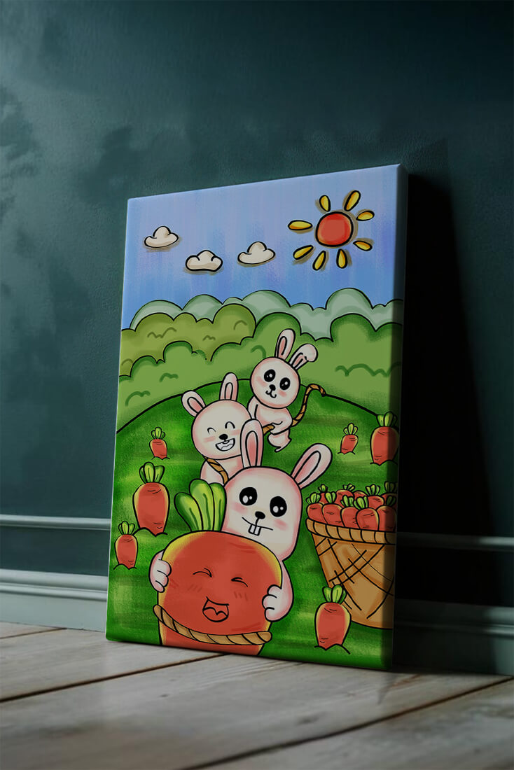 Illustration de lapins espiègles avec des carottes dans un champ ensoleillé