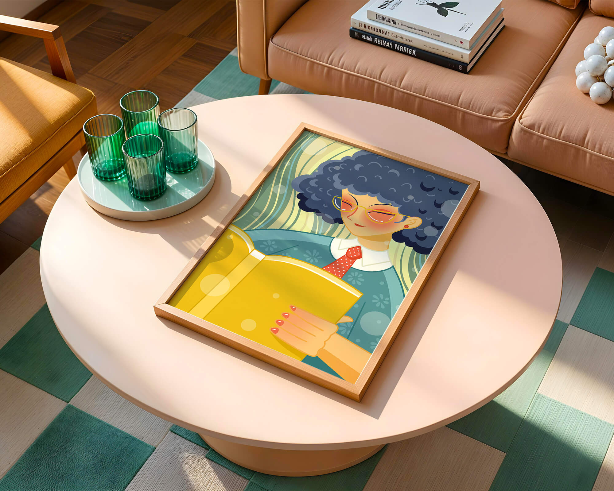 Illustration of a person reading a large yellow book in a stylized design