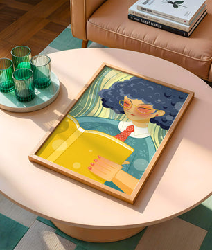 Illustration d'une personne lisant un grand livre jaune dans un style stylisé