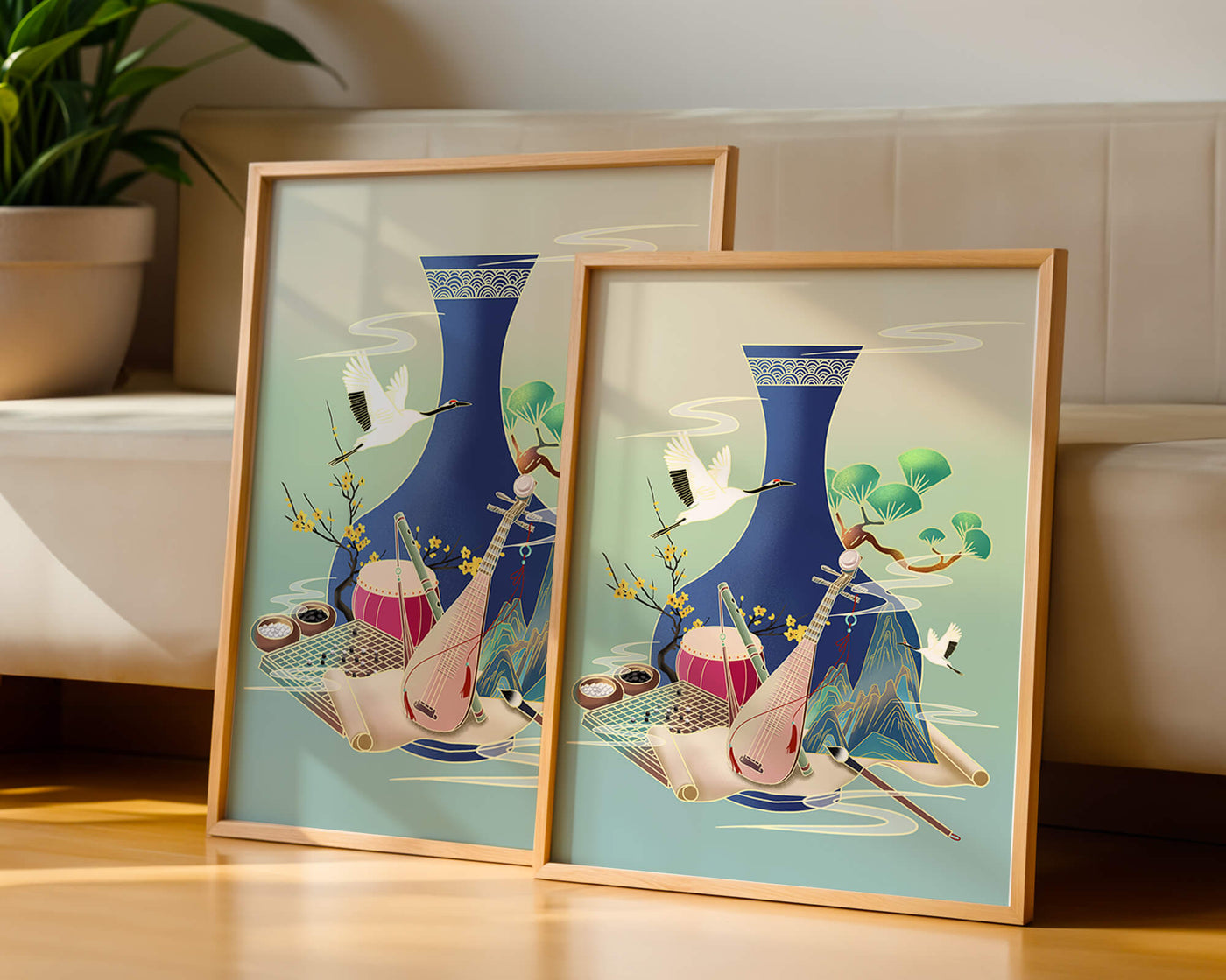 Traditional Asian art scene featuring vase, musical instruments, and cranes
