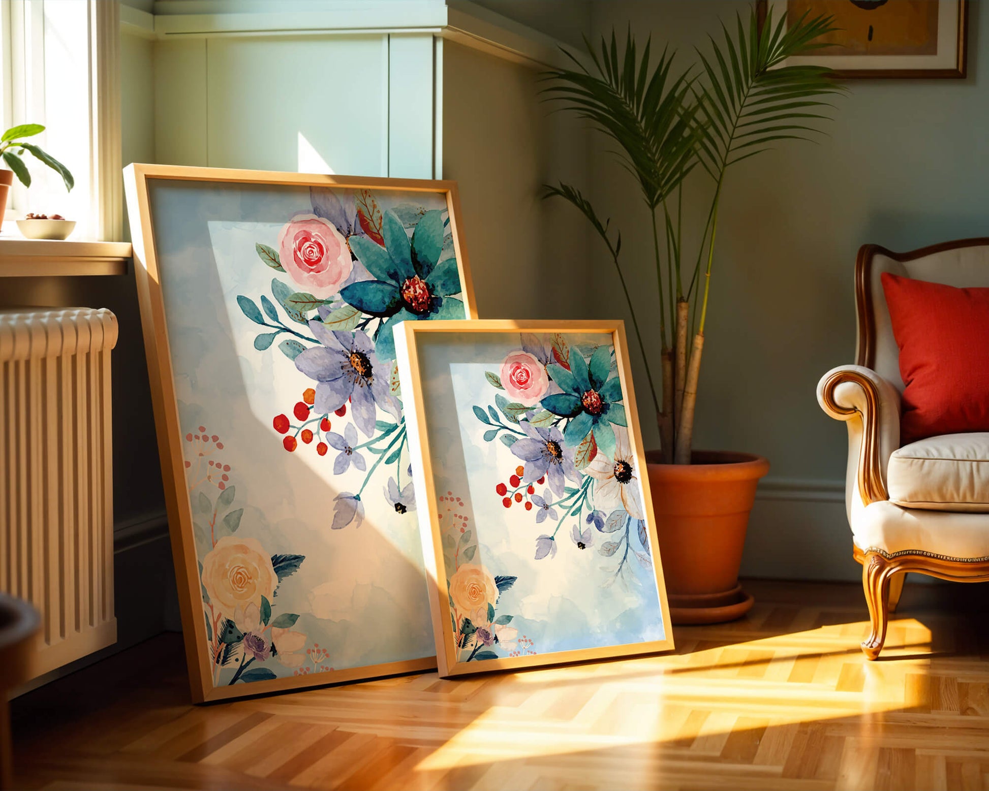 Ilustración floral acuarela con flores y hojas vibrantes