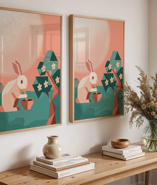 Conejo de origami abstracto con mortero y pistilo bajo un árbol en flor