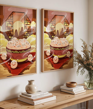 Dumplings de dibujos animados encantadores en un cuenco decorativo en medio de la niebla