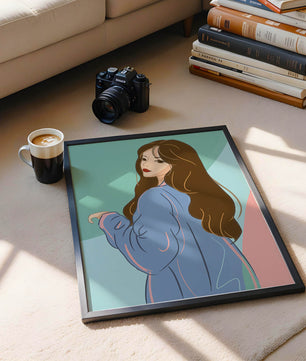 Illustration of woman with long hair and blue jacket