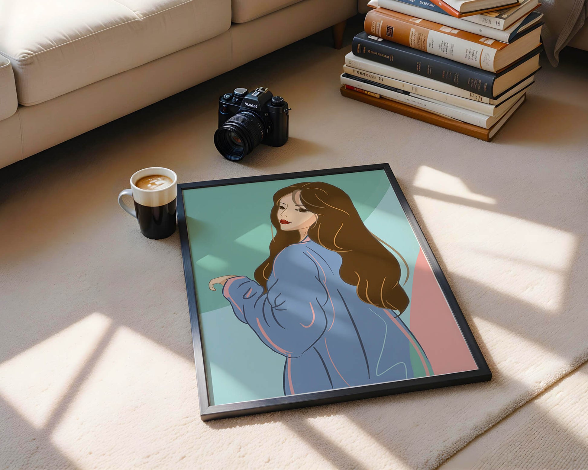 Illustration of woman with long hair and blue jacket
