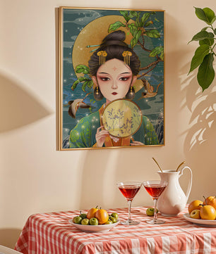 Elegante representación de una mujer con atuendo tradicional sosteniendo un abanico decorativo