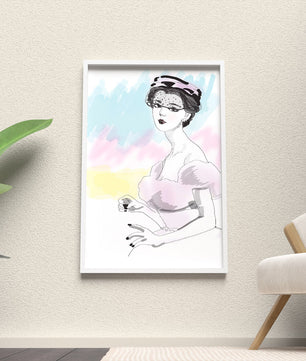 Elegant Woman in Vintage Fashion with Veil Hat and Pastel Background - Mi tienda