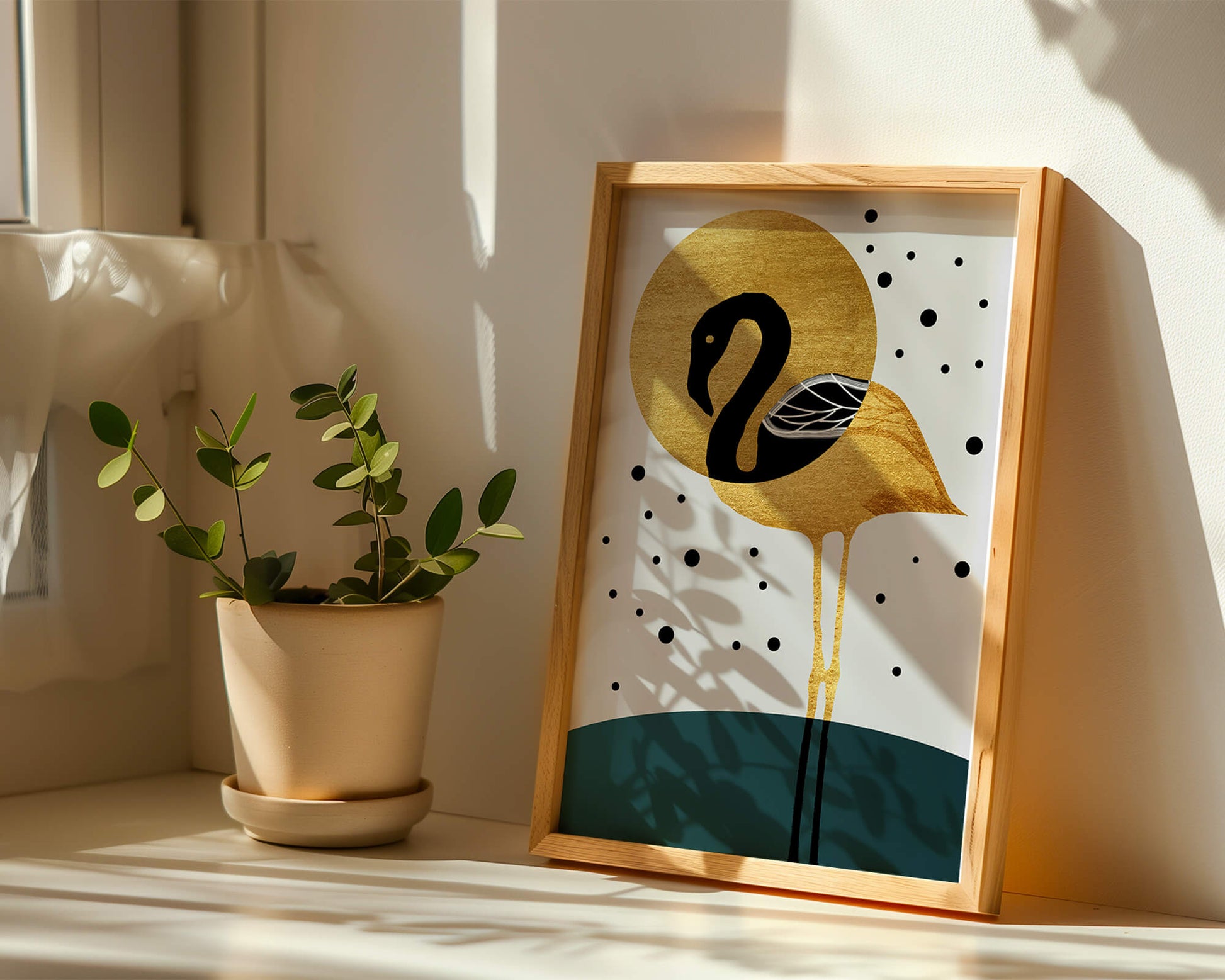 Elegante ilustración de flamenco dorado y negro con elementos de puntos abstractos