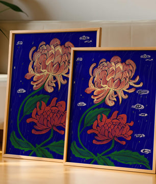 Colorful chrysanthemum illustration on dark blue background