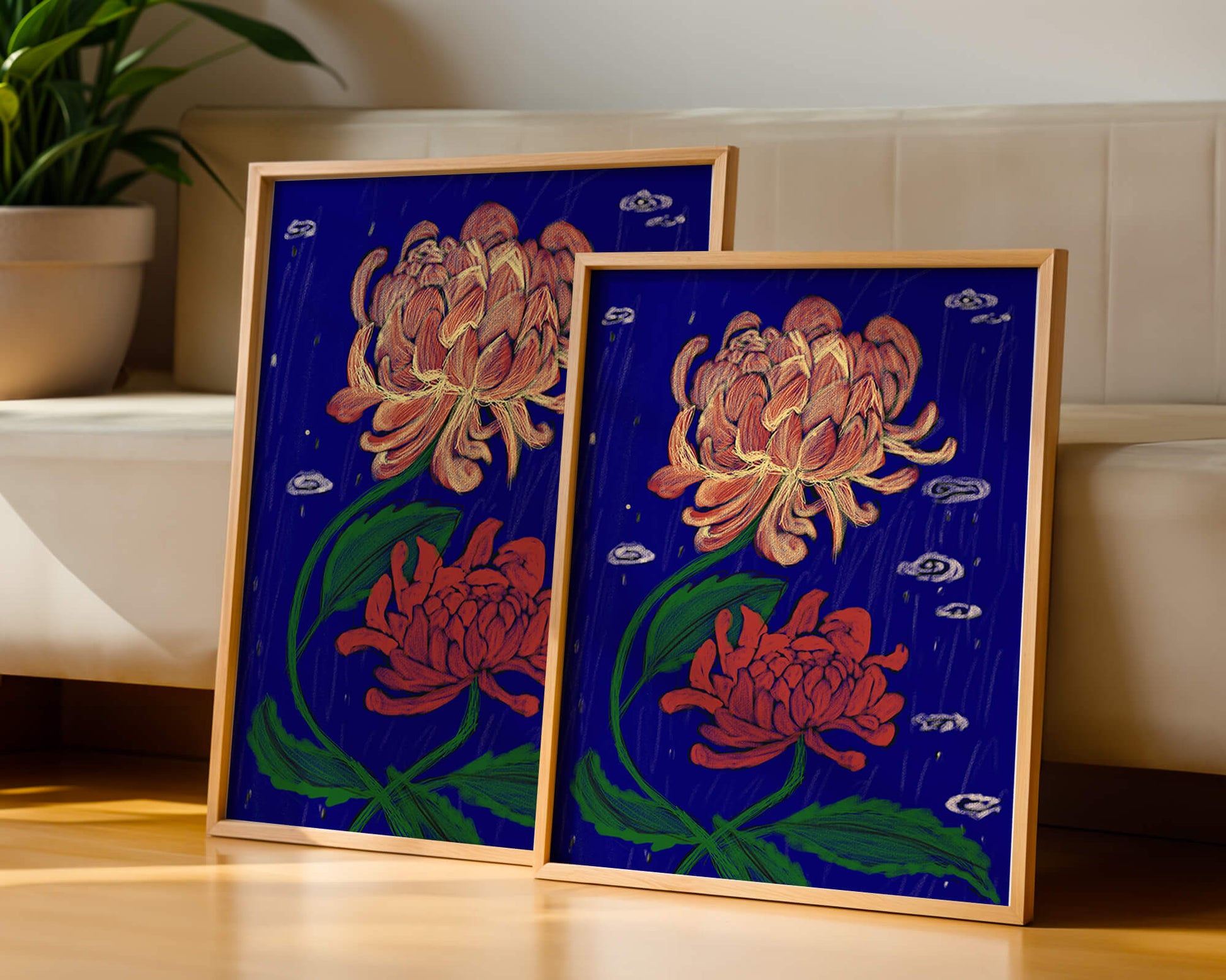 Colorful chrysanthemum illustration on dark blue background