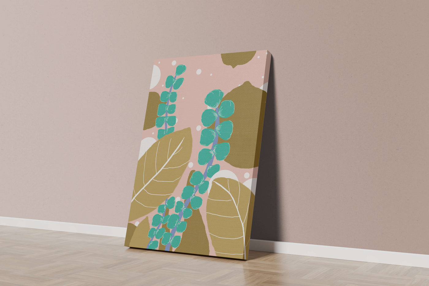 Abstract botanical design with green and golden leaves