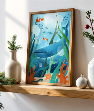 Underwater scene with whale, fish, and sea plants illustration