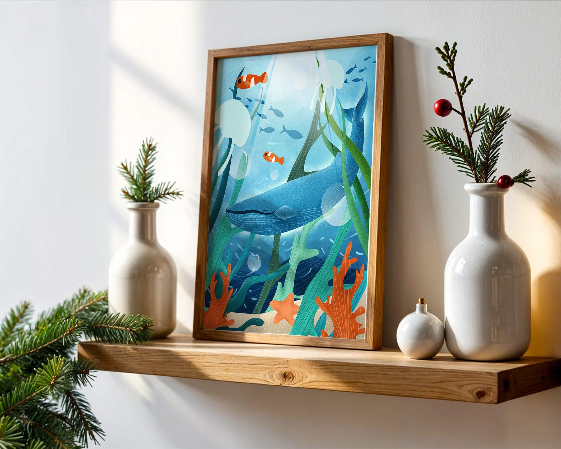 Underwater scene with whale, fish, and sea plants illustration