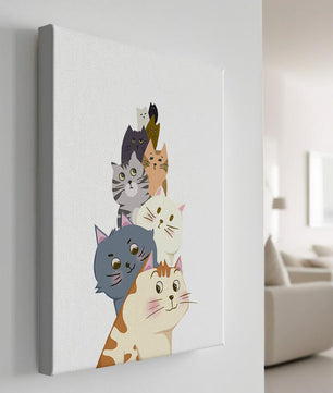 Stack of adorable cartoon cats with diverse patterns and colors