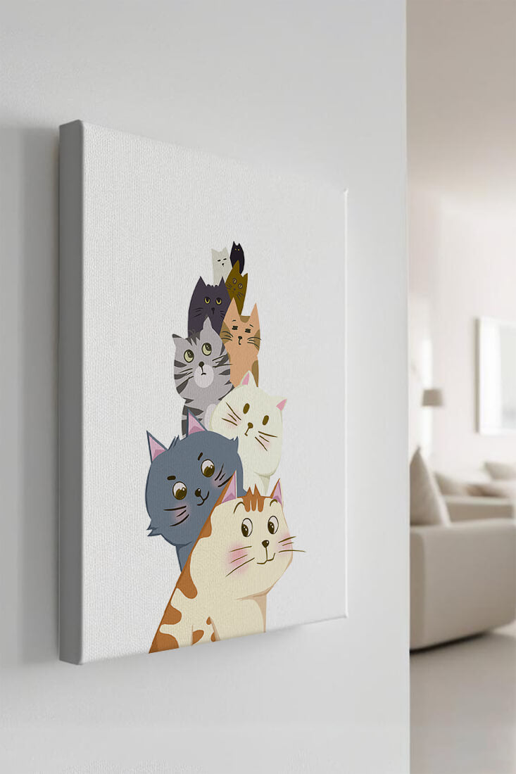 Stack of adorable cartoon cats with diverse patterns and colors