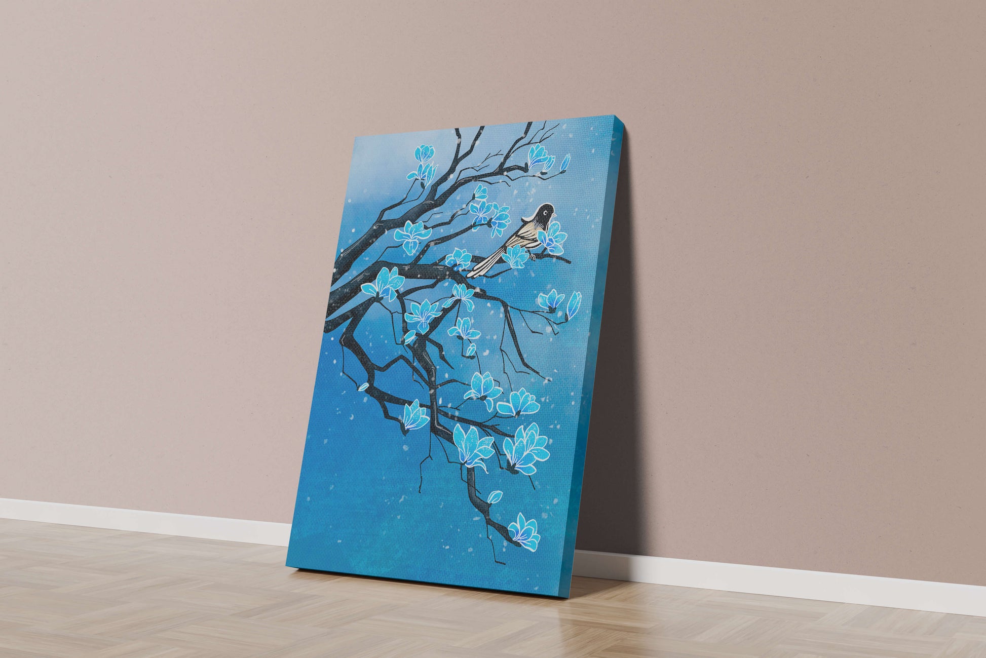 Bird on a branch with blue flowers against a snowy background