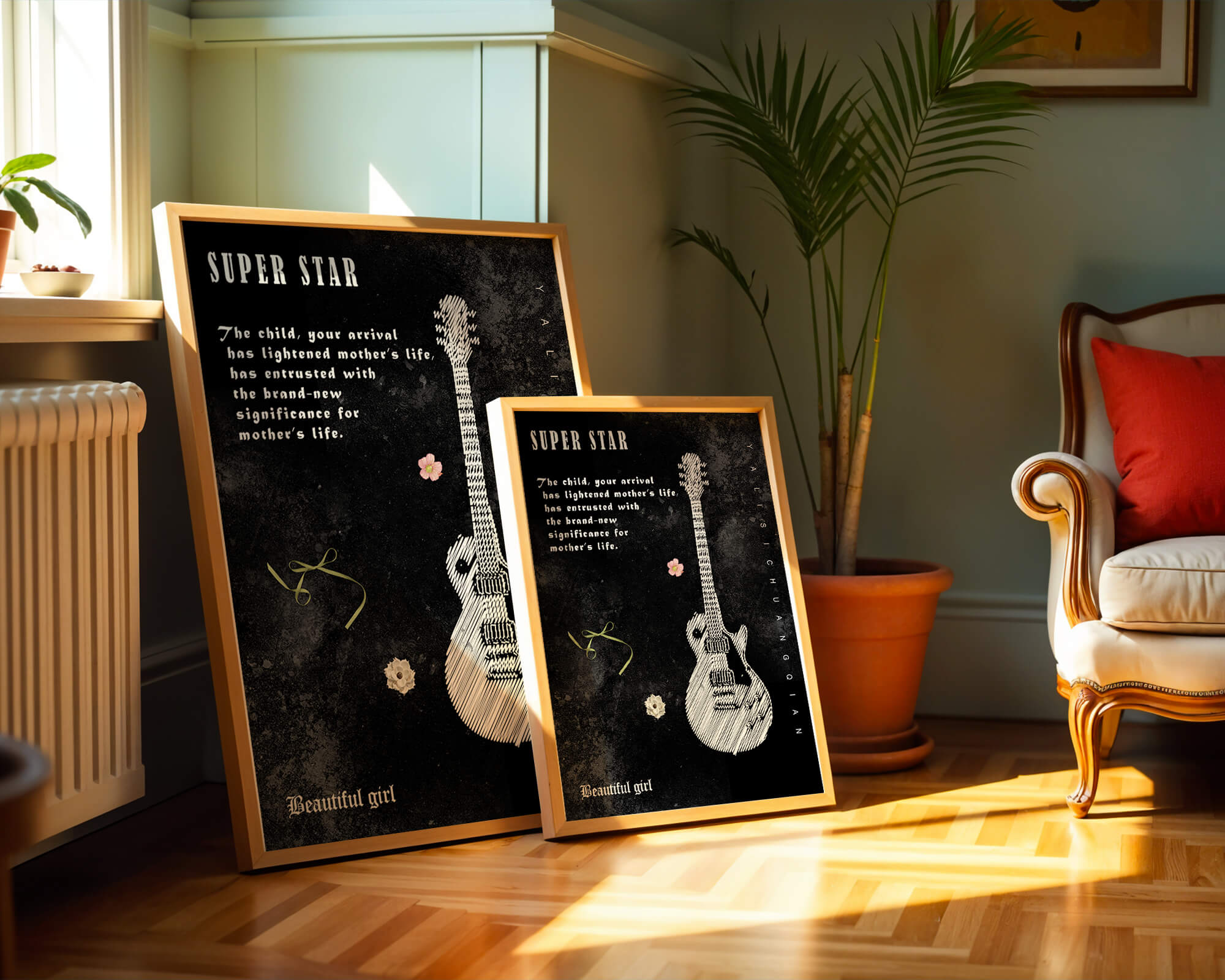 Artistic black and white guitar illustration with heartfelt text