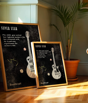 Ilustración de guitarra en blanco y negro artística con texto conmovedor