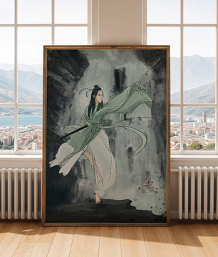 Dynamic illustration of a warrior in flowing robes with a spear