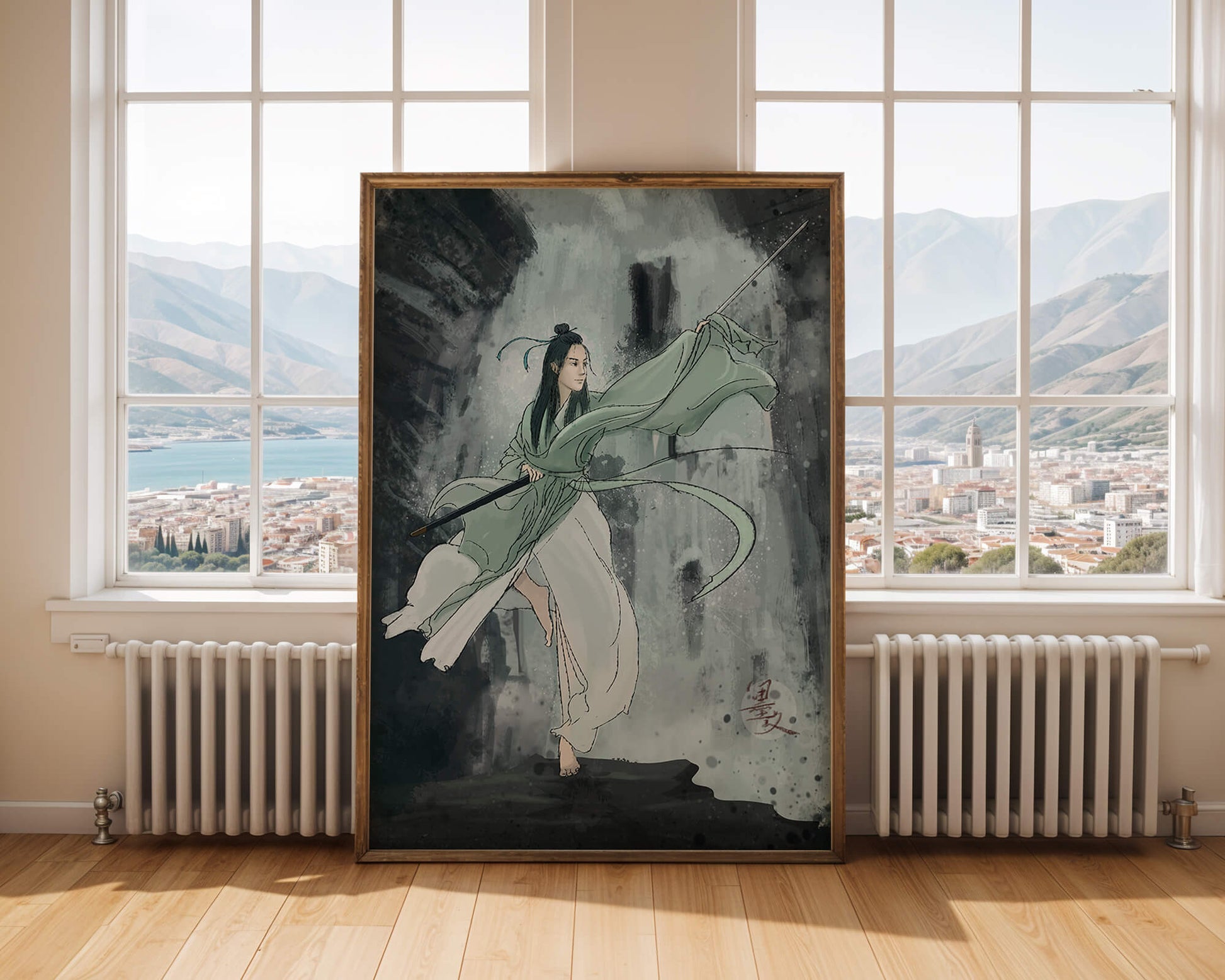 Dynamic illustration of a warrior in flowing robes with a spear
