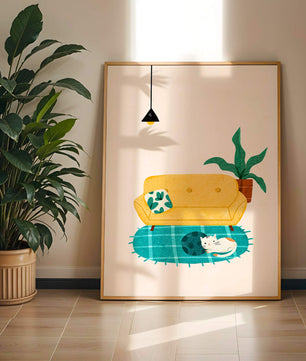 Cozy Living Room with Yellow Sofa and Sleeping Cat