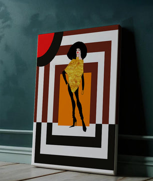 Ilustración de moda con figura en dorado y fondo geométrico