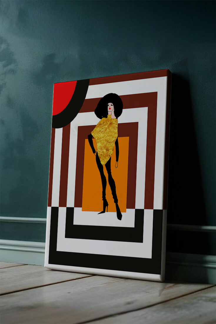 Fashion Illustration with Figure in Gold and Geometric Background