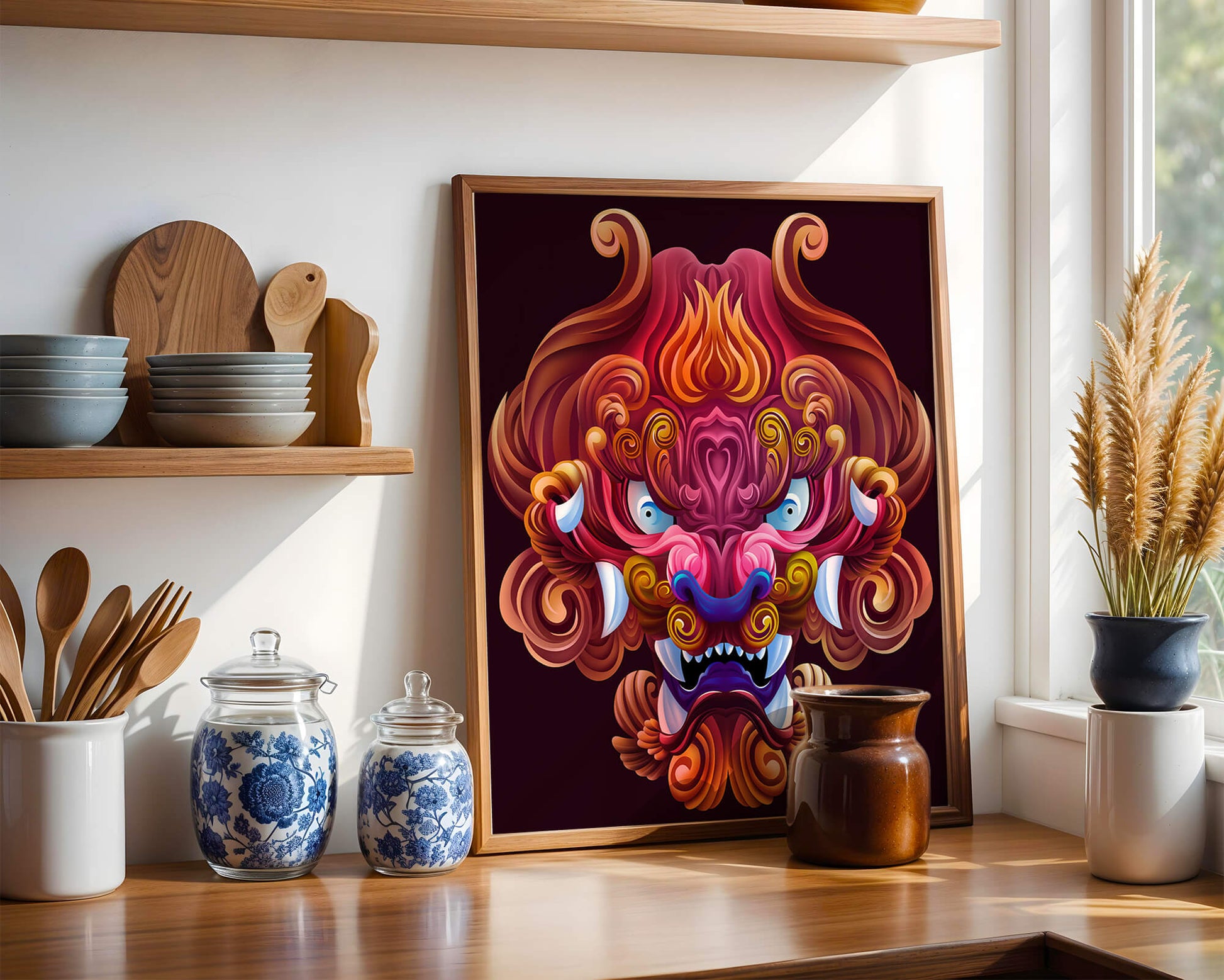 Intricate Colorful Dragon Face Illustration with Swirling Patterns