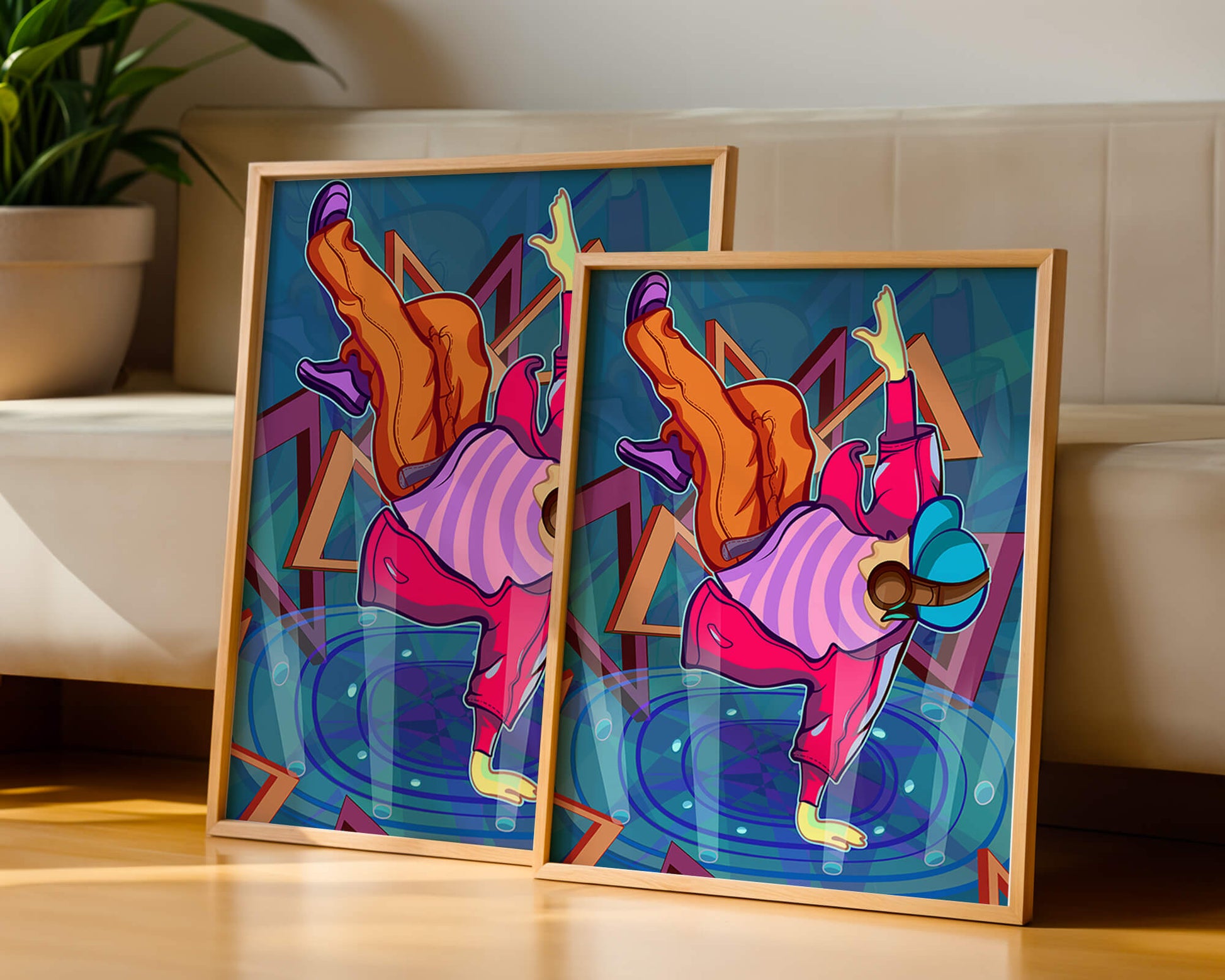 Colorful breakdancer in dynamic urban artwork