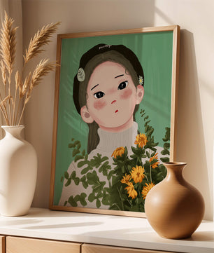 Illustration of a girl with flowers and a beret on a green background