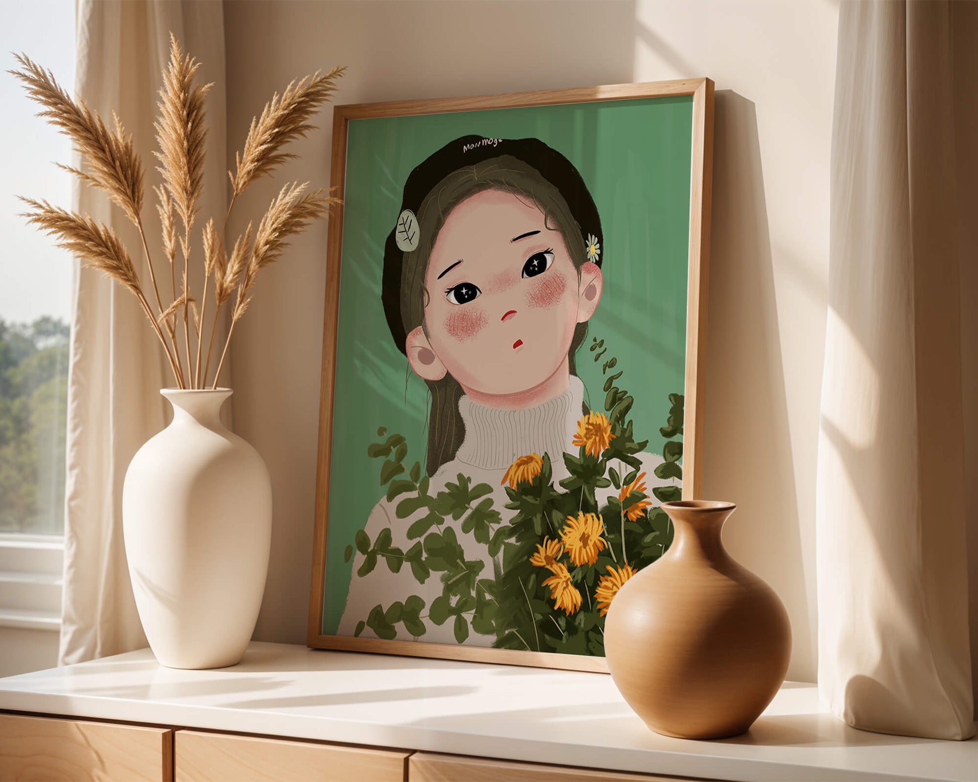 Illustration of a girl with flowers and a beret on a green background