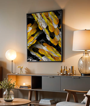 Abstract Composition with Yellow and White Feathers on a Black Background - Mi tienda