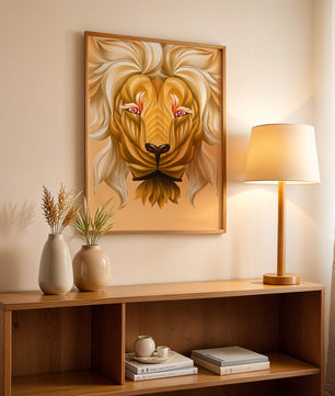 Lion Face with Intricate Golden Pattern and Flowing Mane