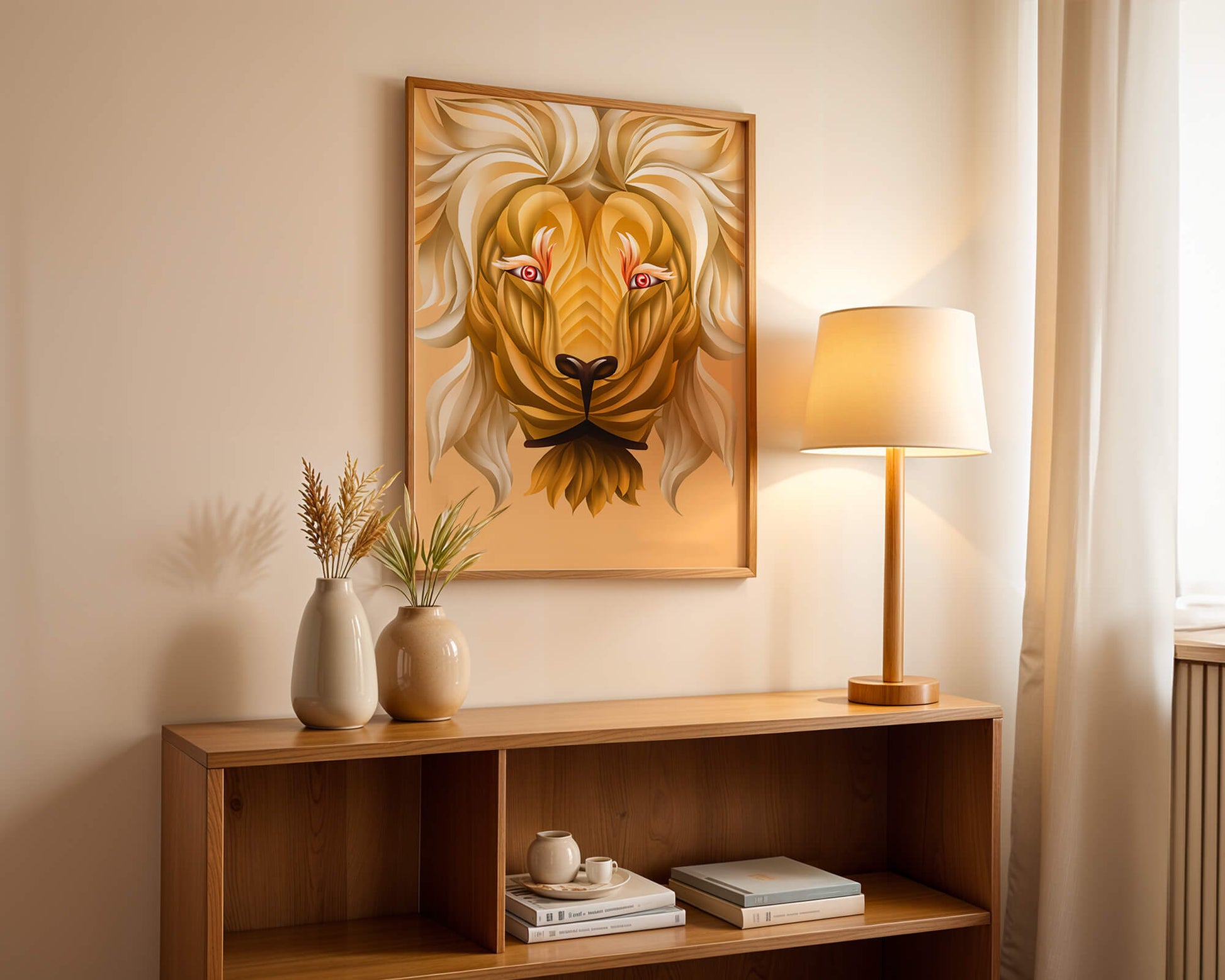 Lion Face with Intricate Golden Pattern and Flowing Mane