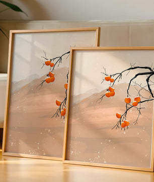 Branch with Persimmons and Snow in Minimalistic Landscape