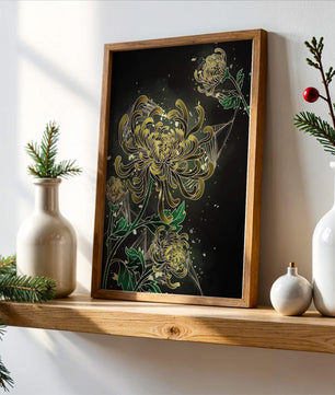Œuvre élégante de chrysanthèmes dorés et verts sur fond sombre