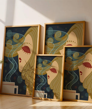 Stylized portrait of a woman with flowing hair and steaming coffee