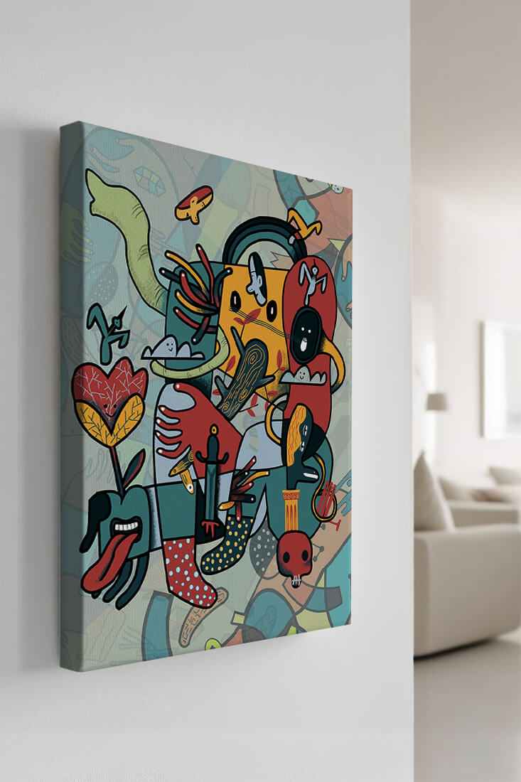 Composición artística surrealista abstracta con colores vibrantes